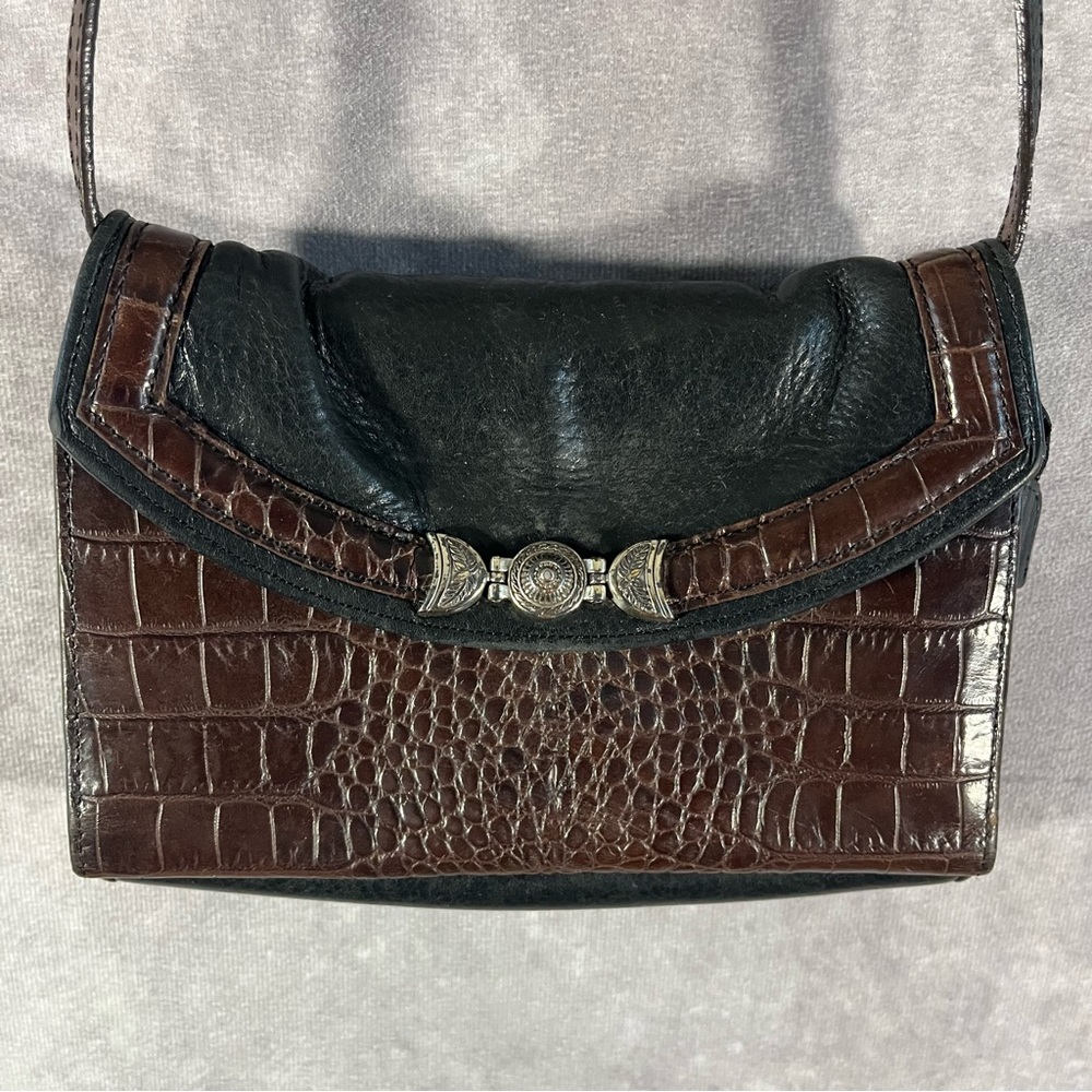 Vintage Brighton Black Leather Brown Croc Mini Crossbody‎ Clutch Wallet Strap
